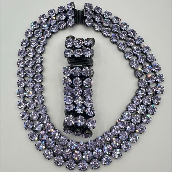 Vintage pewter tone Swarovski alexandrite rhinestones necklace bracelet parure - Picture 3 of 11